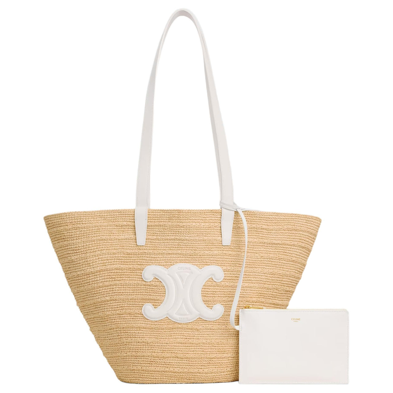 CELINE Classic Panier Series Raffia Shoulder Bag Medium Size Women's Beige & White