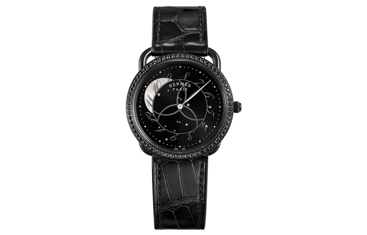 HERMES Arceau Wrist Watch Quartz Movement Genuine Leather Strap 36mm Black Dial Men's Watches