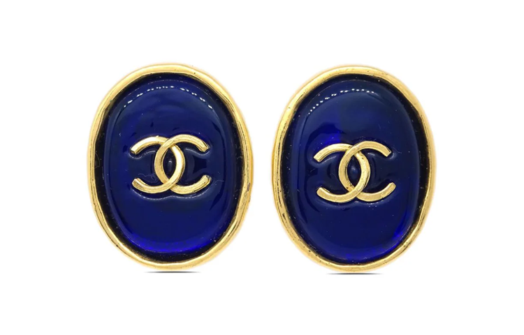 CHANEL 1993 CC-embossed Oval Glass Clip-on Earrings