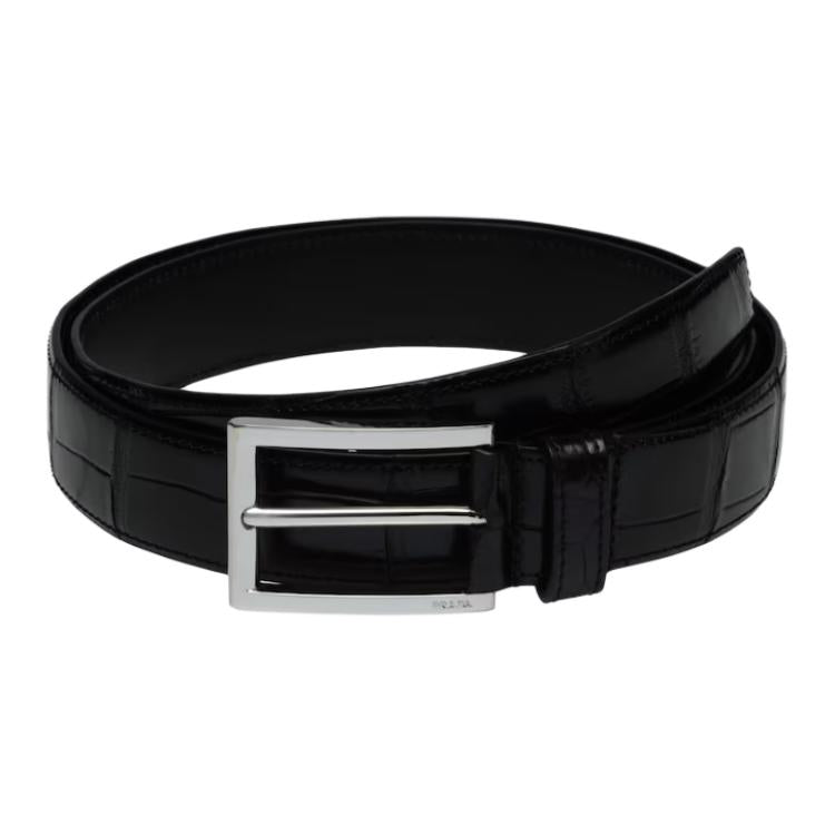 PRADA Crocodile Leather Leather Belts Men's Black Width: 3cm