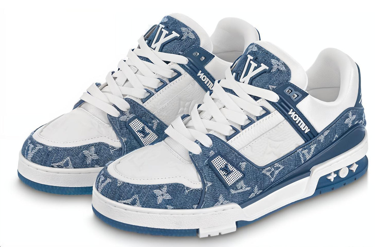 حذاء رياضي LOUIS VUITTON Lv Trainer "أبيض مع شعار شبكة أزرق" للنساء