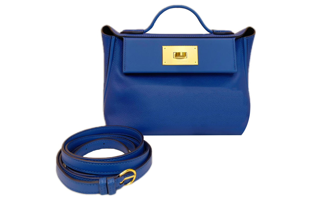 HERMES 24/24 Evercolor Swift Leather Handbag Shoulder Bag Crossbody Bag Mini Women's French Blue & Saddle Red