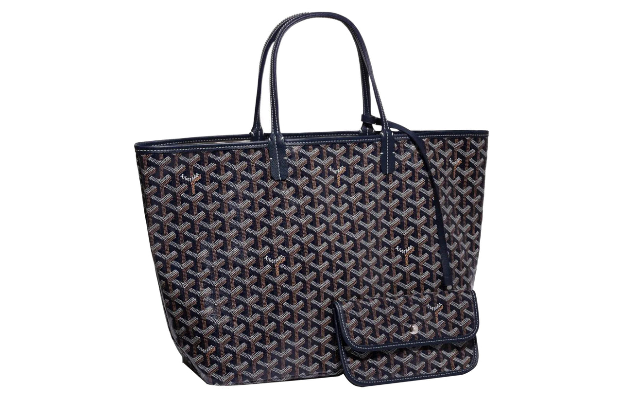 GOYARD Saint Louis Canvas With Calfskin Dog's Teeth Tote Bag Shopping Bag Handbag Small Size Unisex Dark Blue