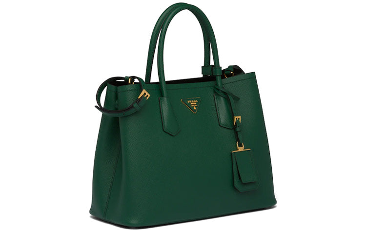 PRADA Double Leather Handbag Women's Table Tennis Green