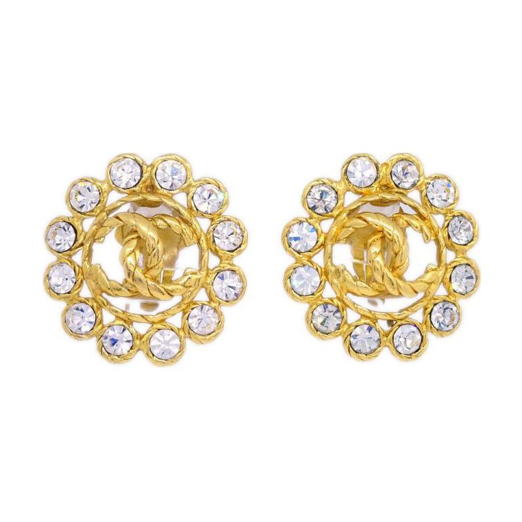 CHANEL 1994 CC logo Rhinestone embellished Button Earrings