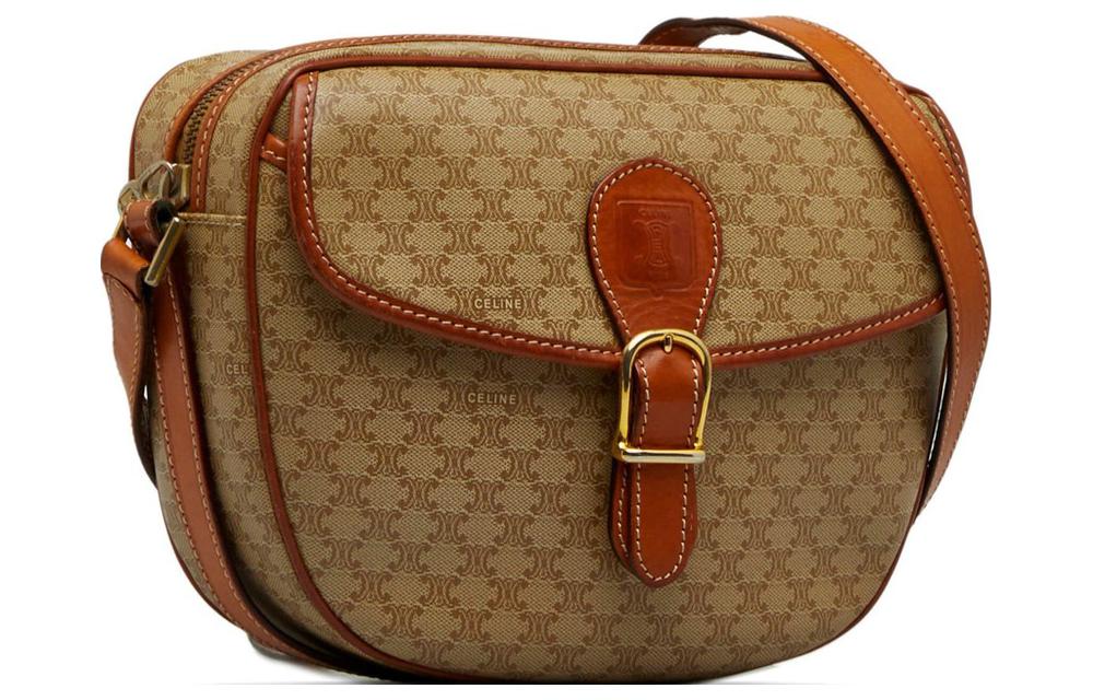 CELINE Canvas With Leather Shoulder Bag Crossbody Bag Women's Beige & Light Brown