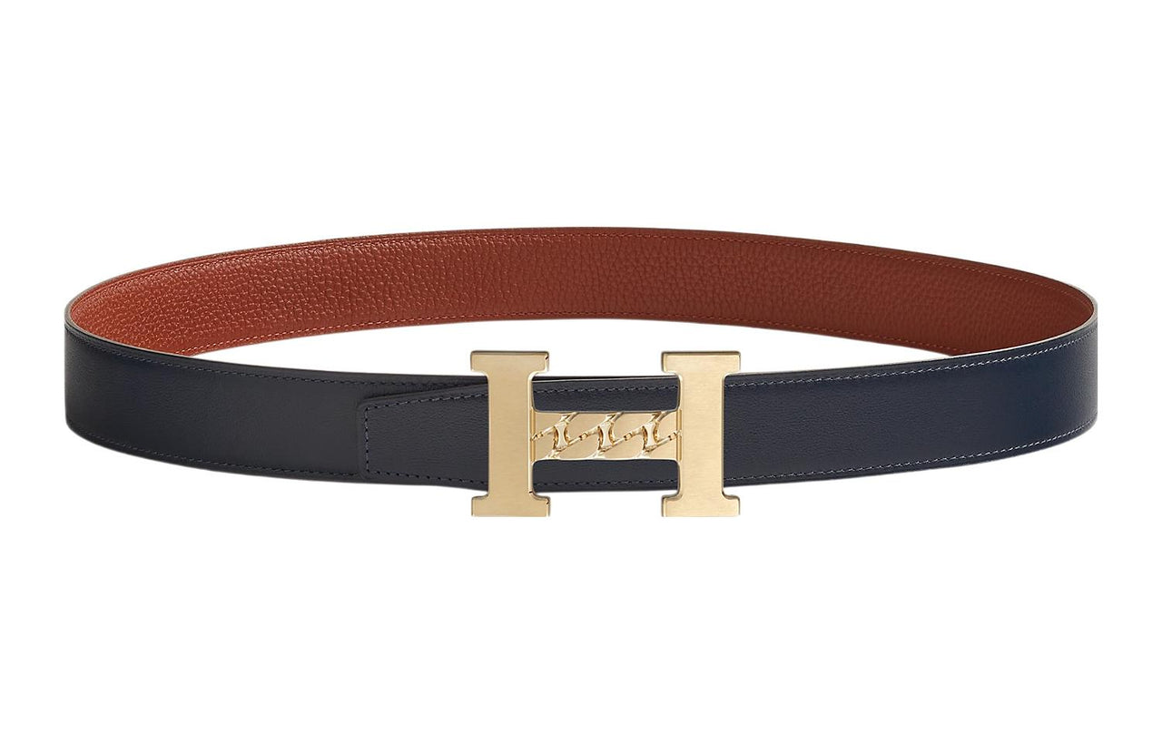 HERMES 5382 Gourmette Gold Buckle Togo Calfskin Double-Sided Leather Belt Unisex Marine Blue/Burnt Red Width: 3.2cm