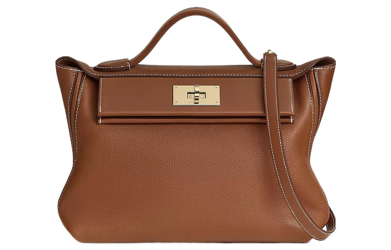 HERMES 24/24 Barenia Faubourg Saddle Leather One Shoulder Handbag Women's Light Yellow Umber
