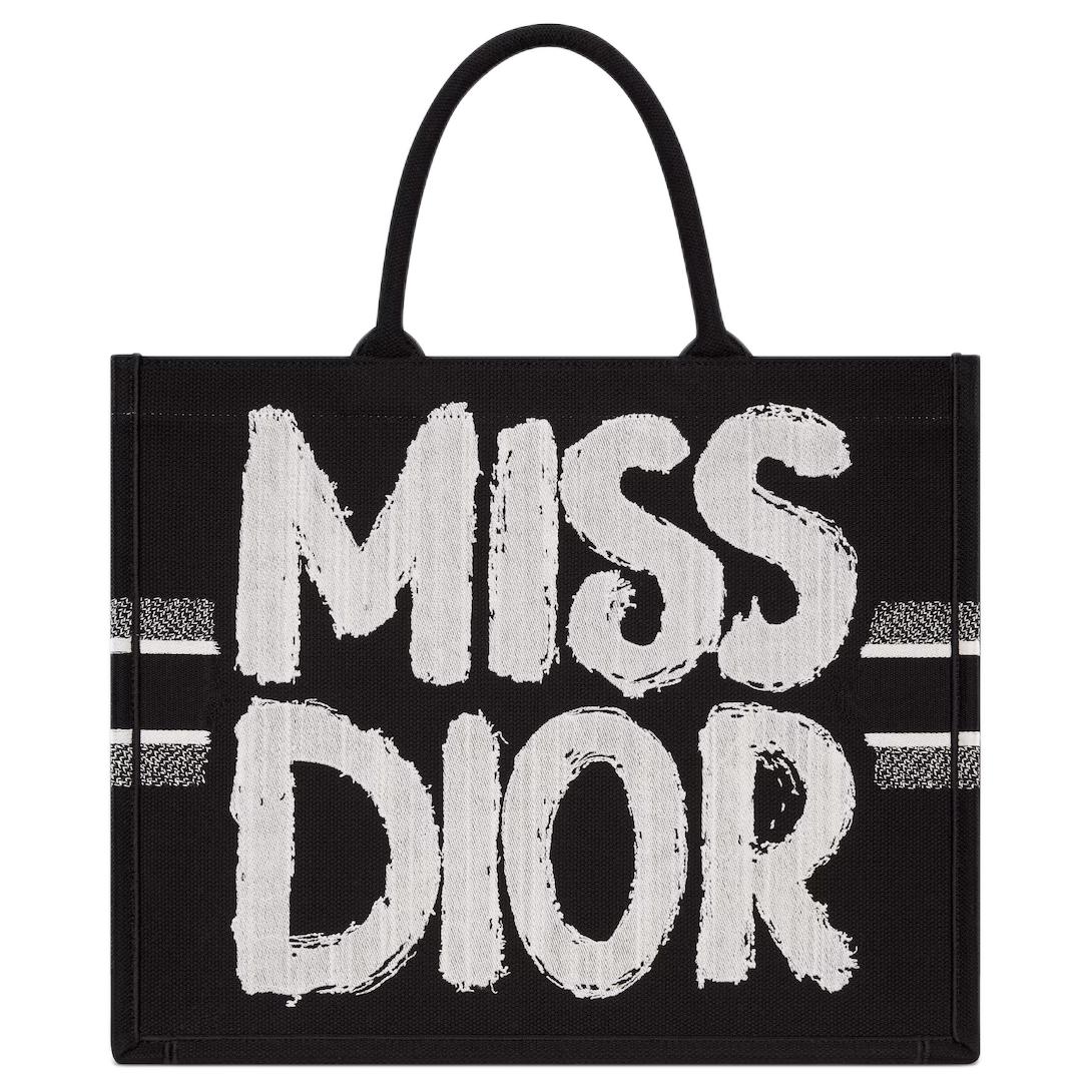 DIOR BookTote Cotton Tote Bag Shopping Bag Handbag Large Size Women's Black White