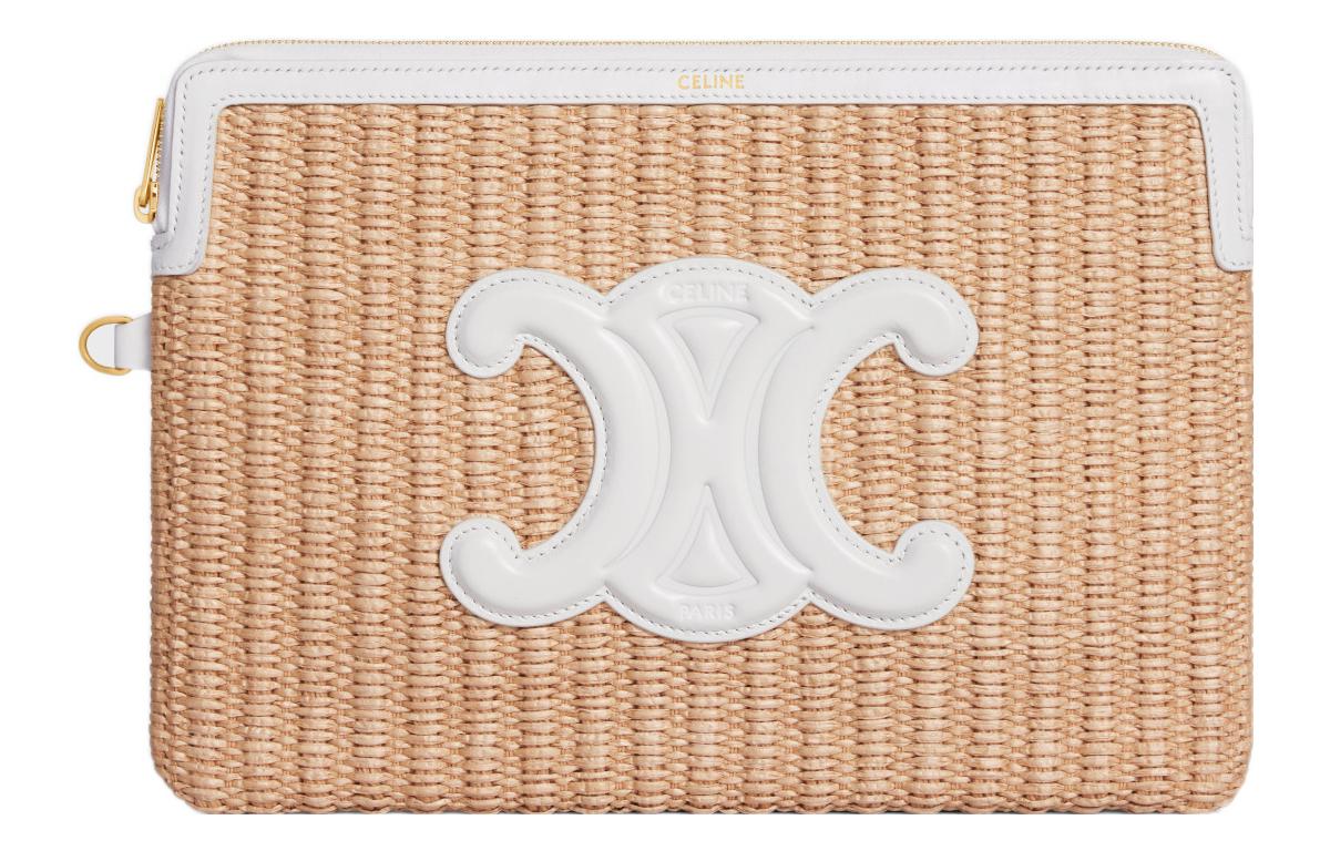 CELINE Fabric Cow Leather Patchwork Binding Clutch Small Size Women's Natural/White