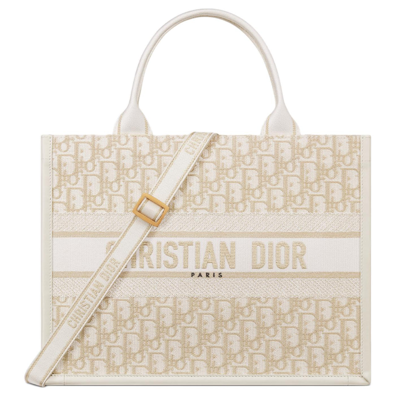 DIOR BookTote Handbag Oblique Print Fabric Cotton Women's White Gold