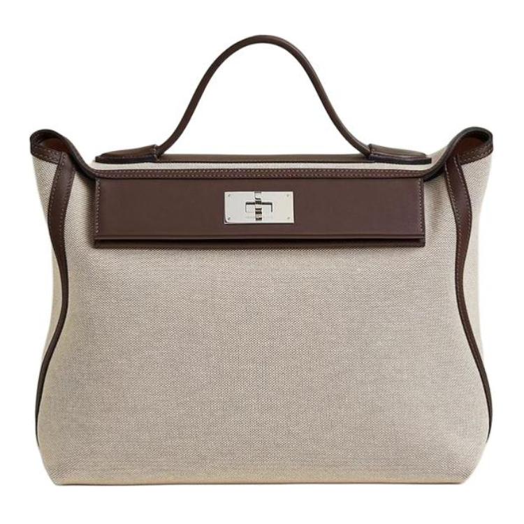 HERMES 24/24 Canvas With Swift Calfskin Handbag Women's Dark Brown & Beige