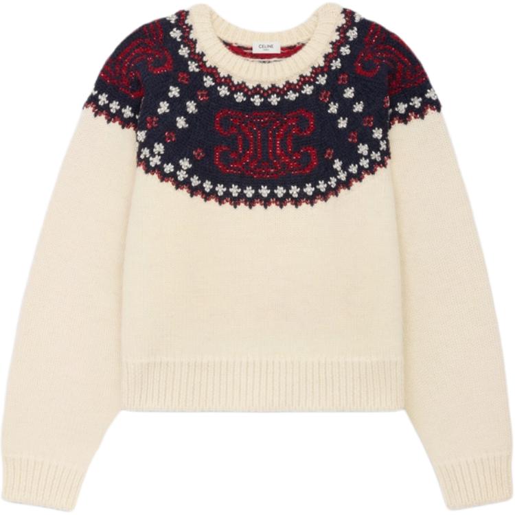 CELINE Embroidered Crew Neck Sweater In Fair Isle Wool