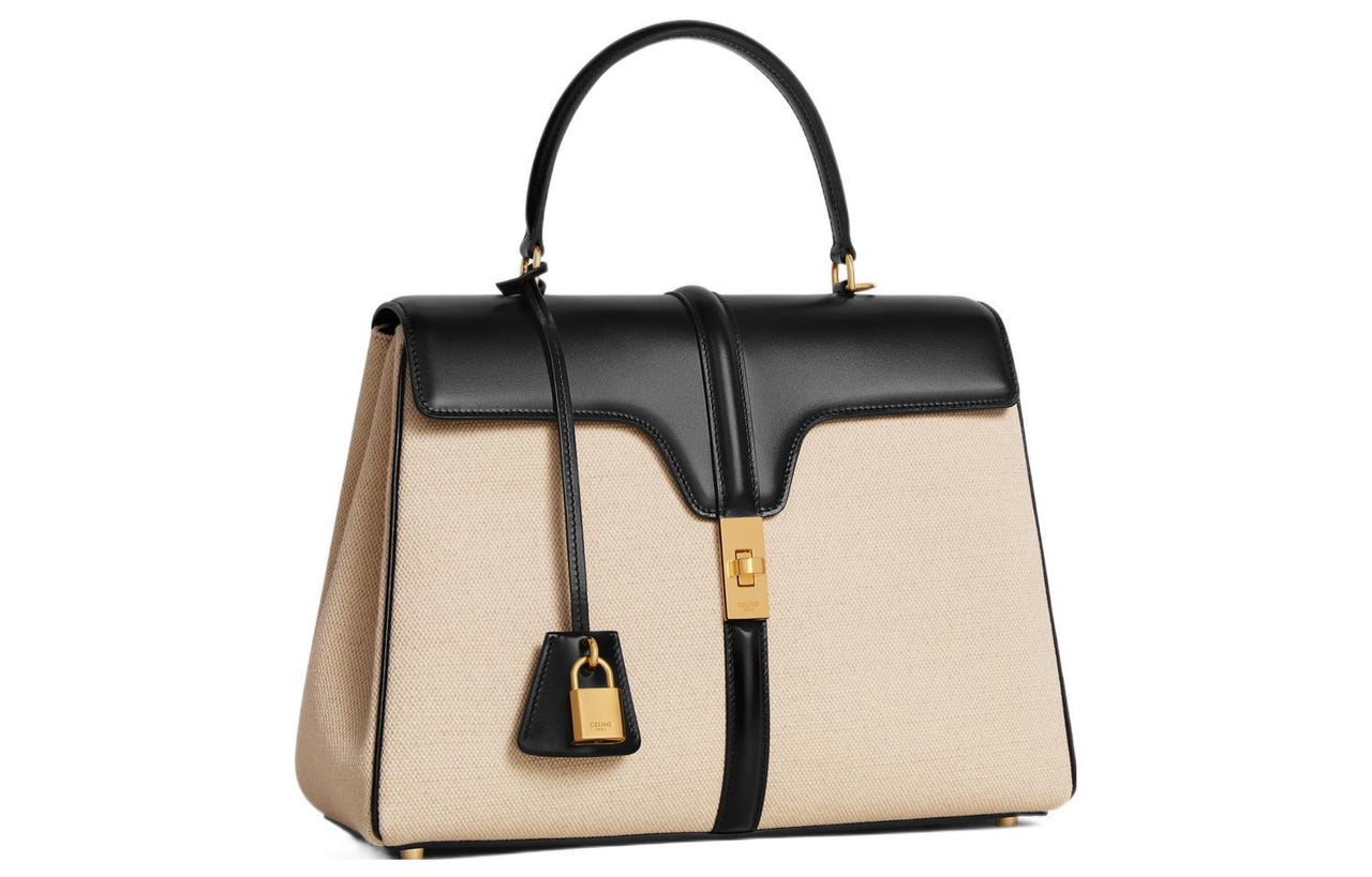CELINE 16 Fabric With Calfskin Trim Shoulder Bag, Crossbody Bag, Handbag Women's Black/Natural