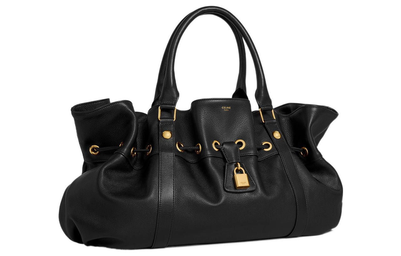 CELINE Cow Leather Handbag Medium Size Women's Black