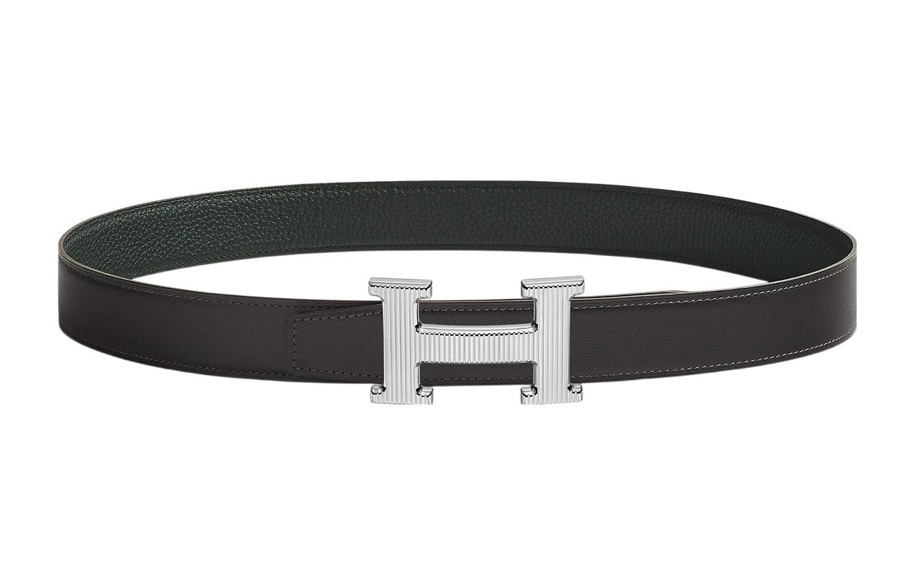 HERMES Avant-Garde Silver Buckle Epsom Calfskin Belt Women's Graphite/Dark Green Width: 3.2cm