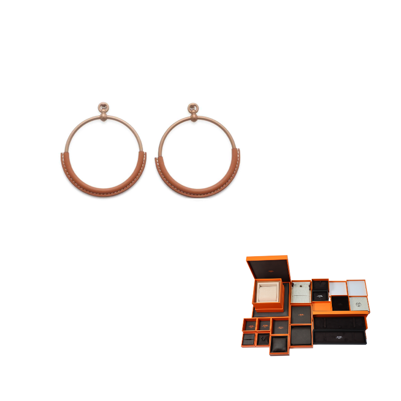 HERMES Aluminum Leather Earrings Women's Brown