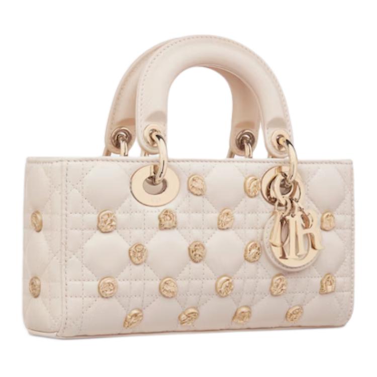 DIOR Lady D-JOY Lambskin Shoulder Bag Crossbody Bag Handbag Small Size Women's Ash Ivory