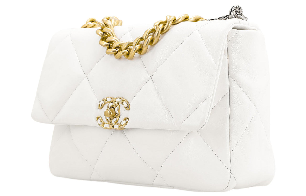 CHANEL 19Bag Goatskin Handbag Shoulder Bag Crossbody Bag Large Size Women's White