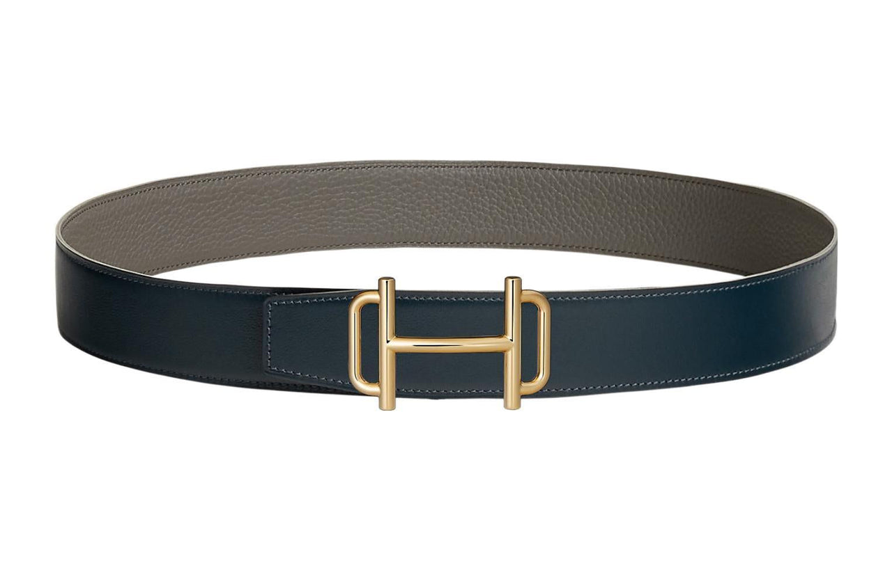 HERMES Avant-Garde Gold Buckle Togo Calfskin Double-Sided Leather Belt Men's Marine Blue/Tin Gray Width: 3.8cm