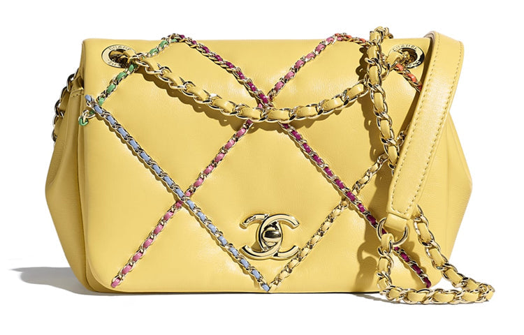 CHANEL 19Bag Lambskin & Metal Crossbody Handbag, Shoulder Bag Large Size Women's Yellow
