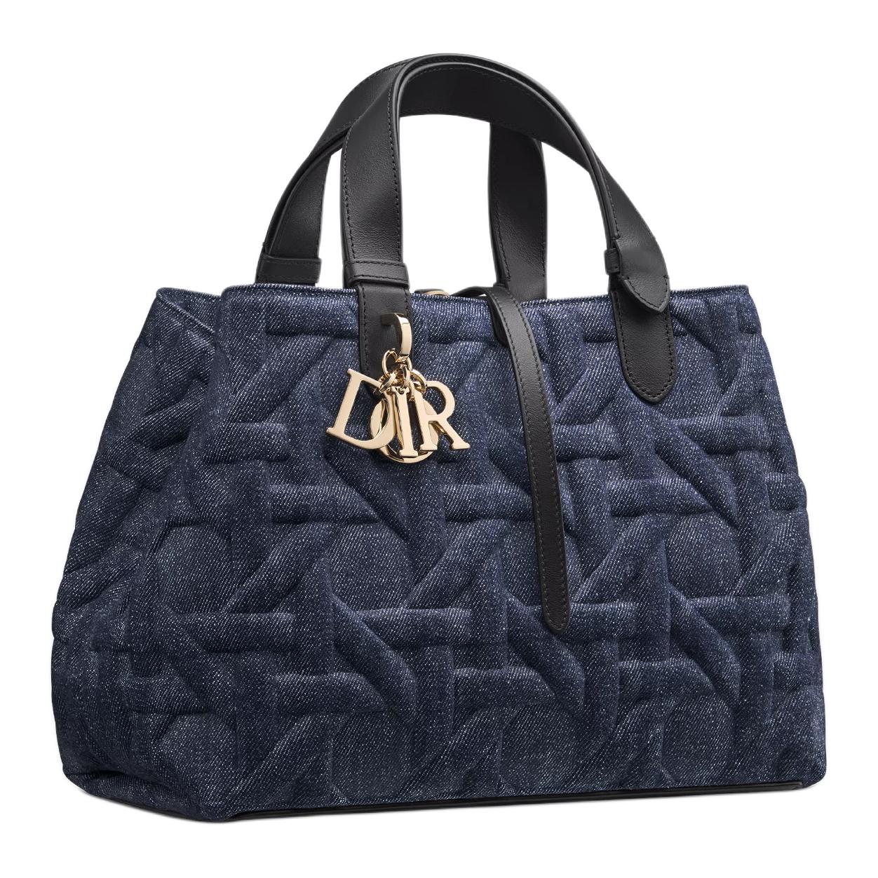 DIOR Fabric Cow Leather Patchwork Handbag Medium Size Women's Blue