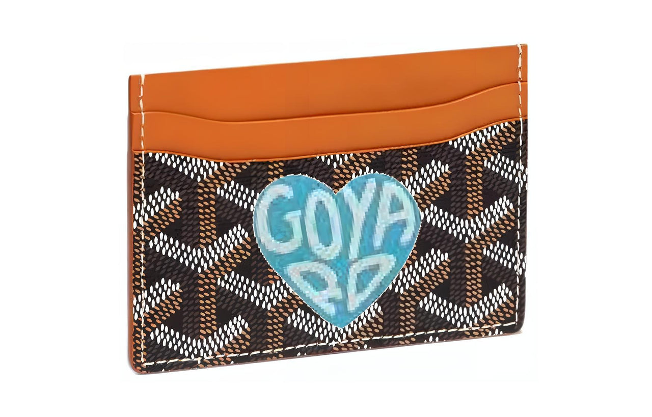 GOYARD Saint-Sulpice Canvas With Calfskin Card Clip Card Holder Unisex Brown With Light Blue Heart Design