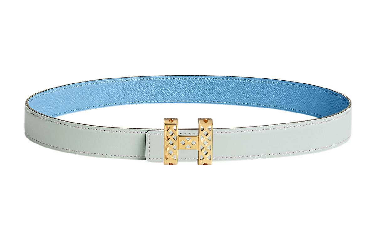 HERMES Avant-Garde Gold Buckle Epsom Calfskin Double-Sided Leather Belt Women's Dusty Blue/Sky Blue Width: 2.4cm
