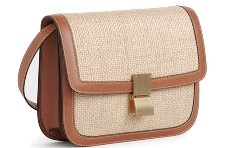 CELINE Classic Bo Fabric Woven With Cow Leather Crossbody Bag Shoulder Bag Medium Size Women's Brown