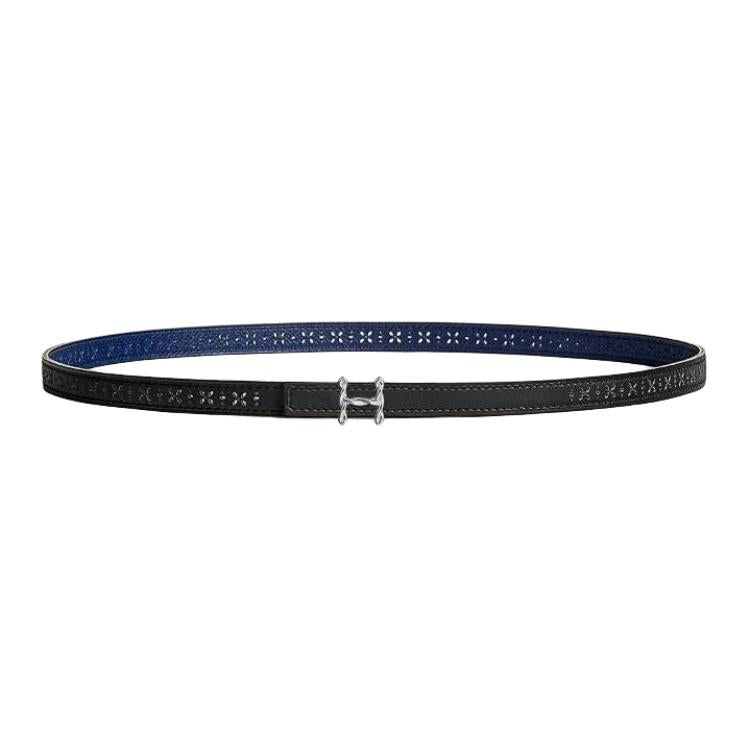 HERMES Badge Decoration Smooth Buckle Calfskin Palladium-Plated Leather Belts Women's Black/Blue Width 1.3CM