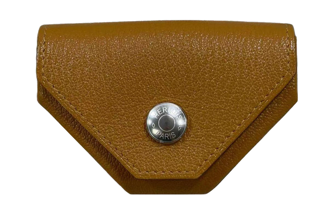 HERMES 24 Verso Mysore Goat Skin Card Holder Coin Purse Women's Gold Brown/Texas Pink