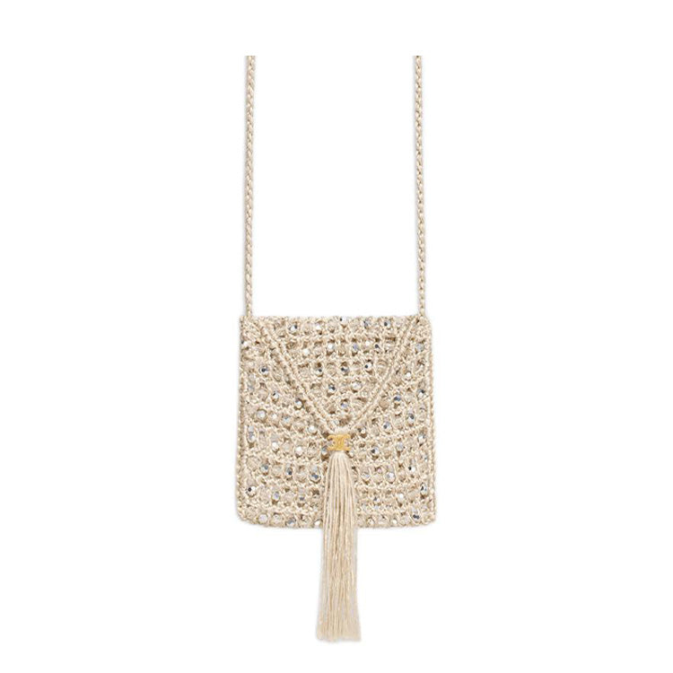 CELINE Crocheted Silk Shoulder Bag, Crossbody Bag Mini Women's Gray White