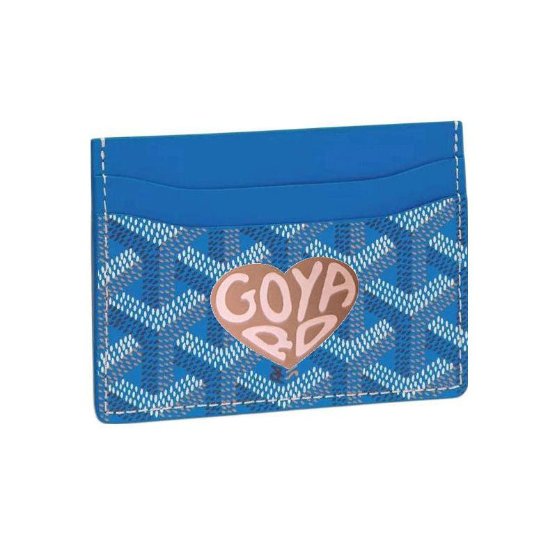 GOYARD Saint-Sulpice Canvas With Calfskin Card Clip Card Holder Unisex Sky Blue Patchwork Gray Pink Heart
