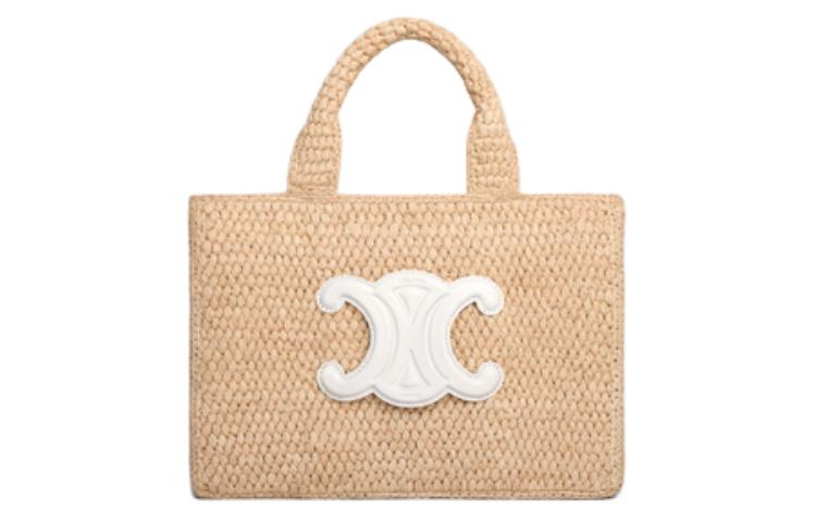 CELINE Cabas Thais Raffia With Calfskin Shoulder Bag Crossbody Bag Handbag Small Size Women's White & Natural