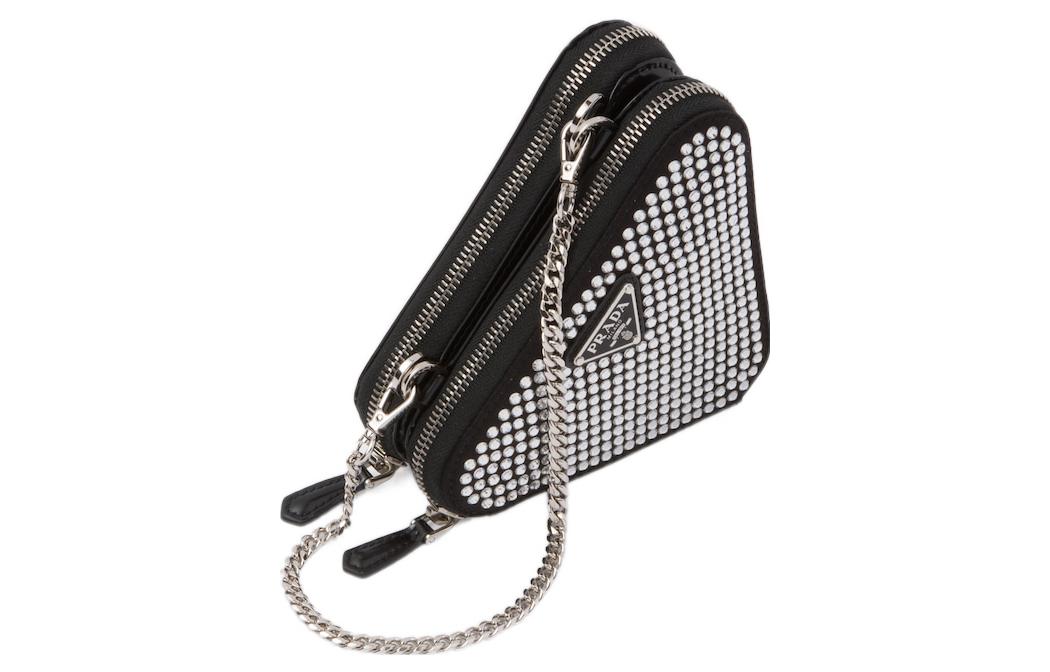PRADA Embellished Satin And Leather Mini Pouch Crystal