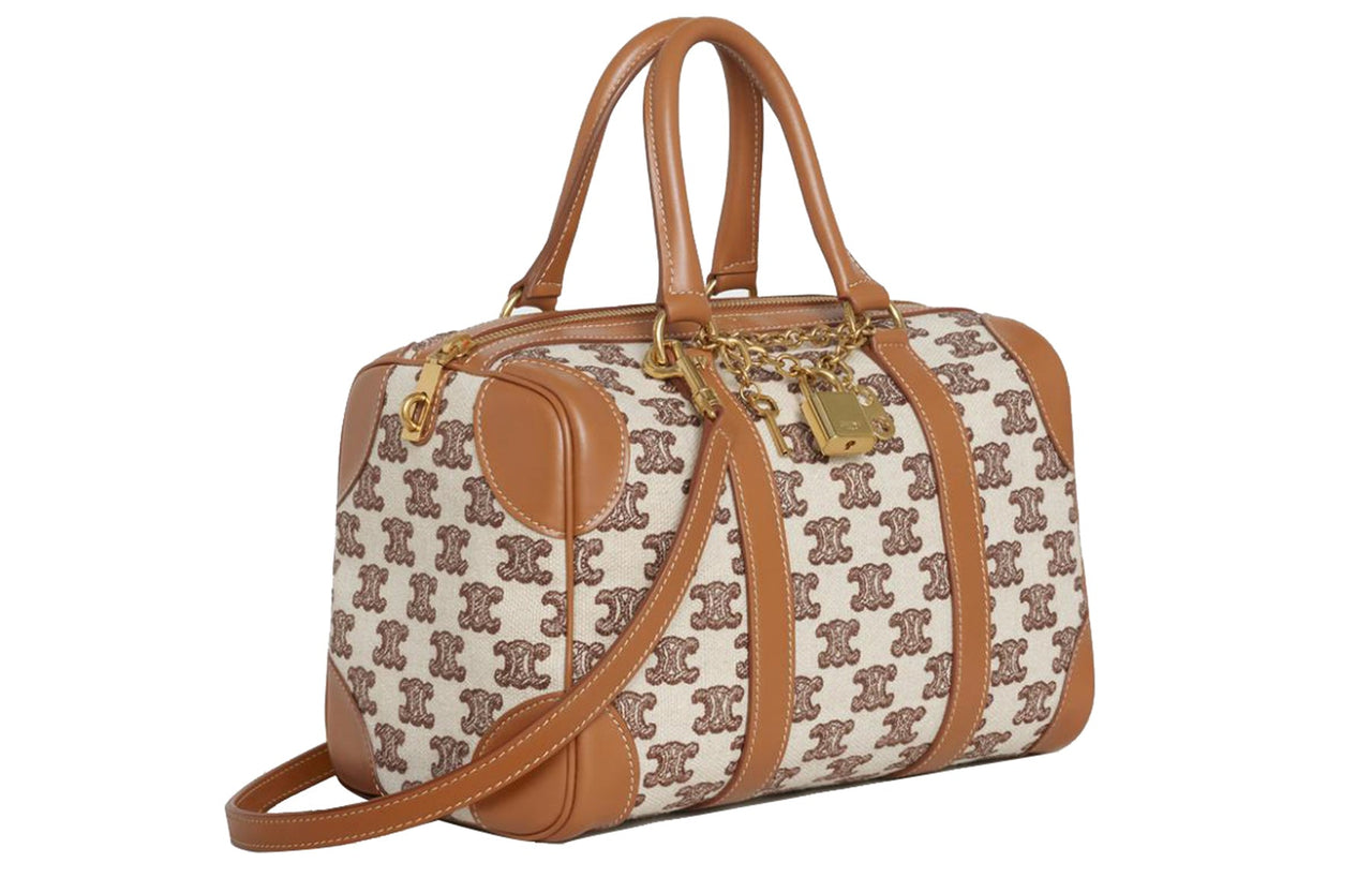 CELINE Fabric With Cow Leather Patchwork Trim Boston Bag Shoulder Bag Crossbody Bag Handbag Small Size Women's Brown
