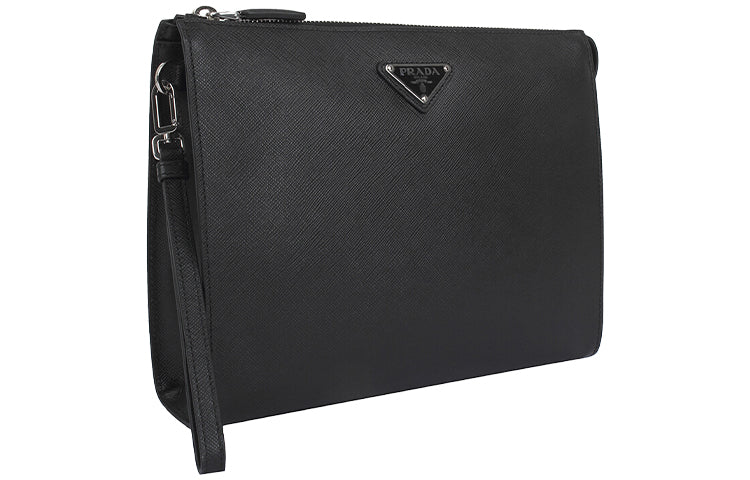 PRADA Cow Leather Wrist Bag Clutch Men's Black