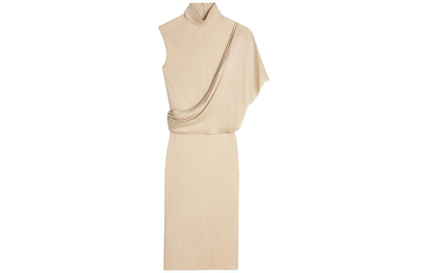 CELINE Draped Shiny Viscose Dress Champagne