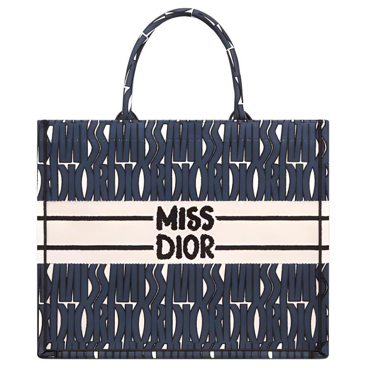 DIOR Embroidery Tote Bag Shopping Bag Handbag Large Size Women's Blue & White