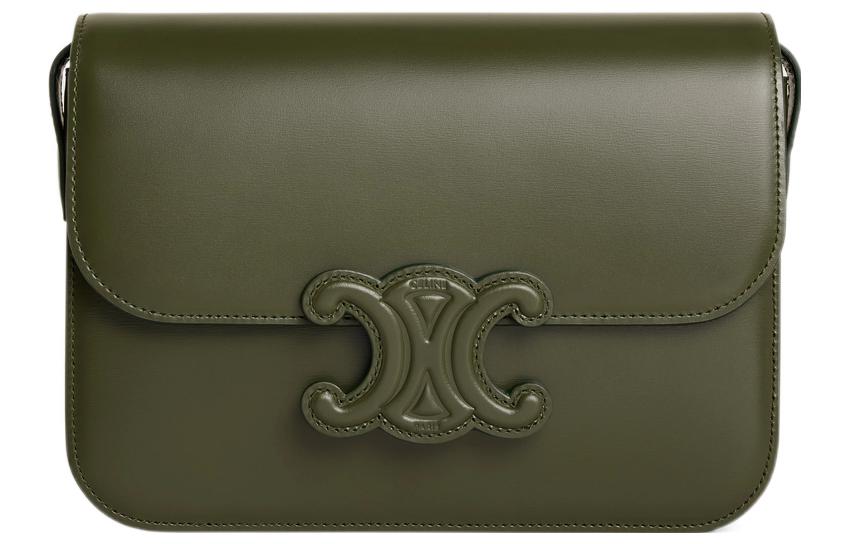 CELINE Cuir Triomphe Shiny Cow Leather Handbag, Crossbody Bag, Shoulder Bag Medium Size Women's Olive Green