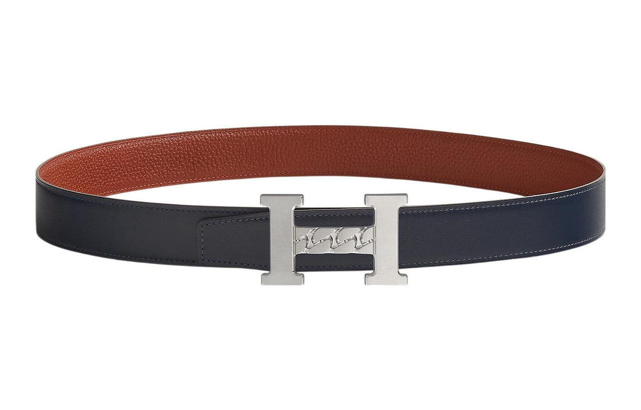 HERMES 5382 Gourmette Silver Buckle Togo Calfskin Double-Sided Leather Belt Unisex Marine Blue/Burnt Red Width: 3.2cm