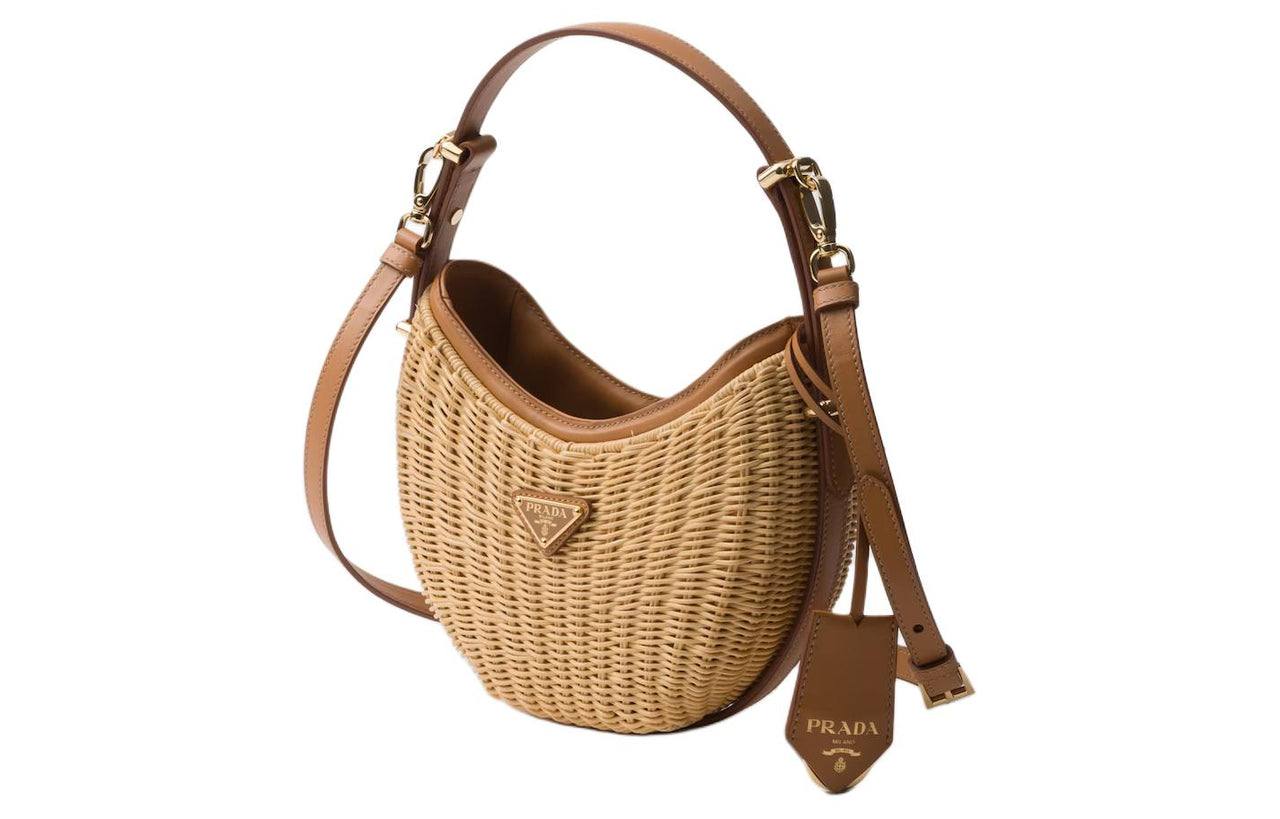 PRADA Arque Woven Fabric With Leather Handbag Women's Light Brown