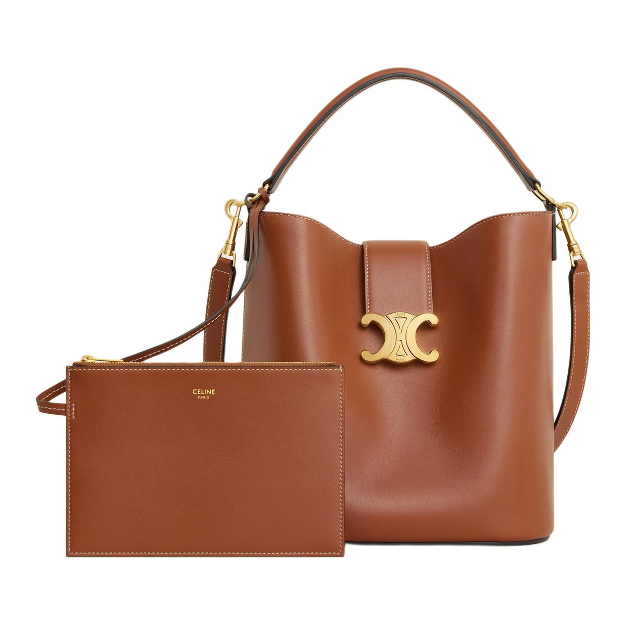 CELINE Calfskin Shoulder Bag Crossbody Bag Handbag Medium Size Women's Tan Brown
