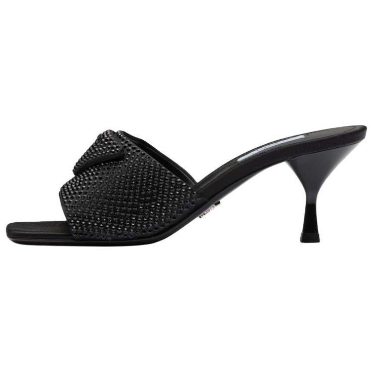 PRADA 65mm Heeled Sandals Black Crystal Satin Women's