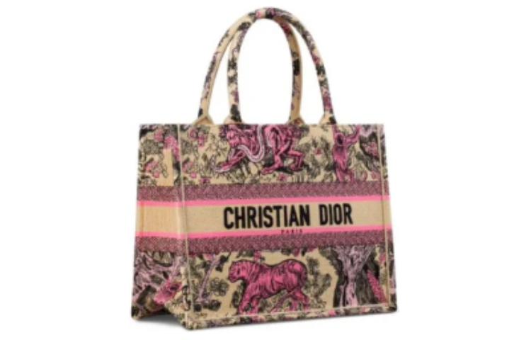 DIOR Embroidery Tote Bag Shopping Bag Handbag Medium Size Women's Beige & Pink
