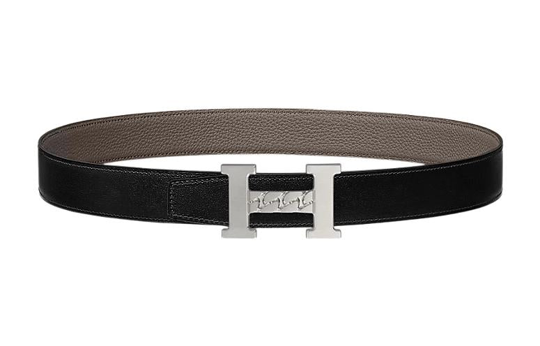 HERMES 5382 Gourmette Silver Buckle Togo Calfskin Double-Sided Leather Belt Unisex Tin Gray/Black Width: 3.2cm