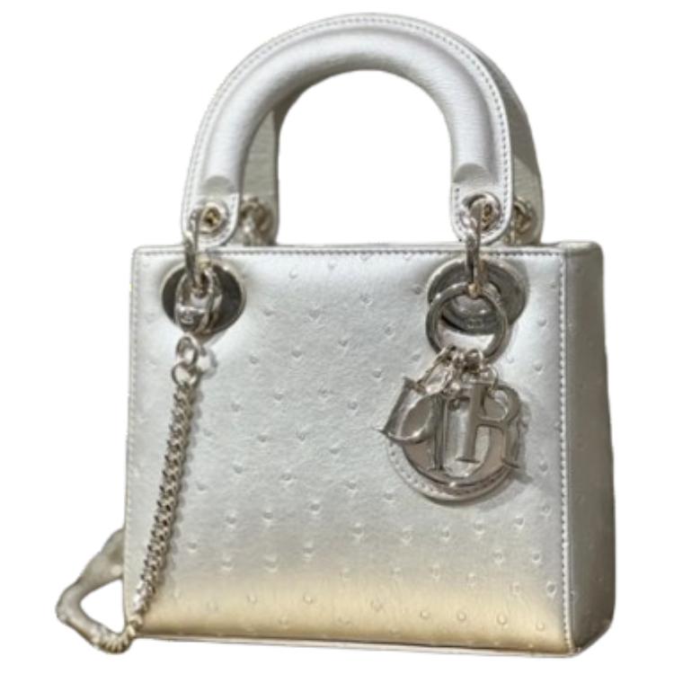 DIOR Ostrich Leather Lady Dior Bag, Shoulder Bag, Crossbody Bag, Handbag Small Size Women's Pearl White