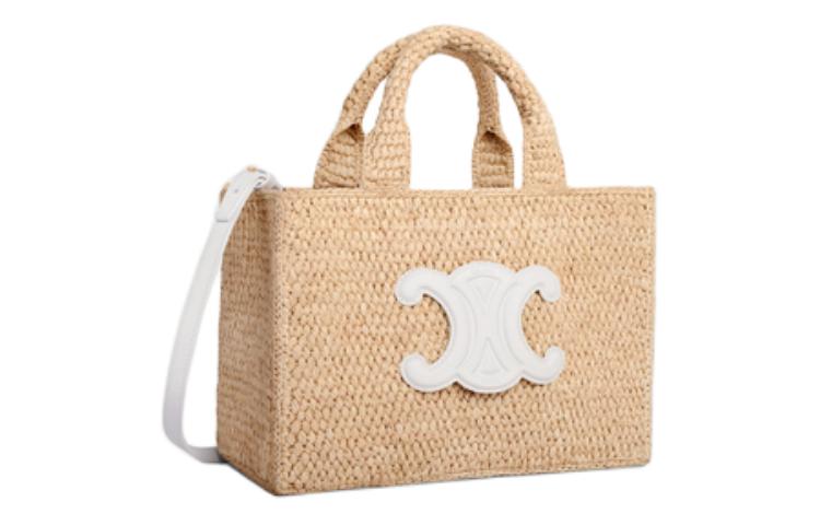 CELINE Cabas Thais Raffia With Calfskin Shoulder Bag Crossbody Bag Handbag Small Size Women's White & Natural
