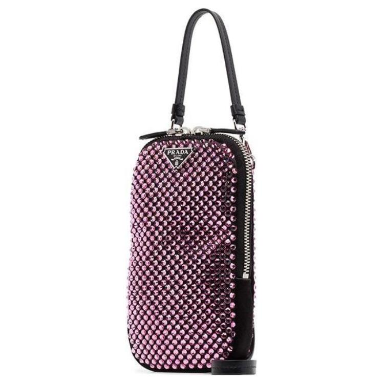 PRADA Crystal Panel Satin Portable Crossbody Bag, Shoulder Bag Unisex Pink