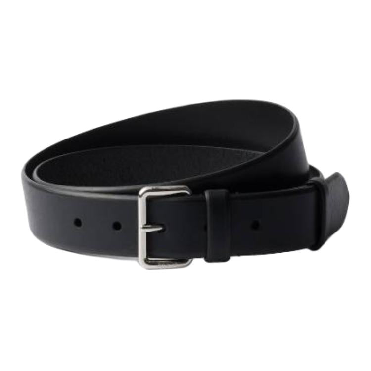 PRADA Calfskin, Metal Leather Belts Men's Black 3.3CM